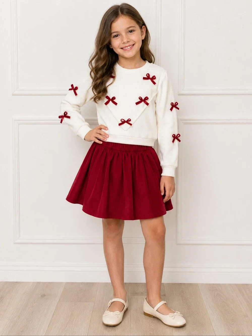 Verdusa Girls Red A-Line Skirt - And Soft Ribboned Sweater Classic Schoolwear 9y
